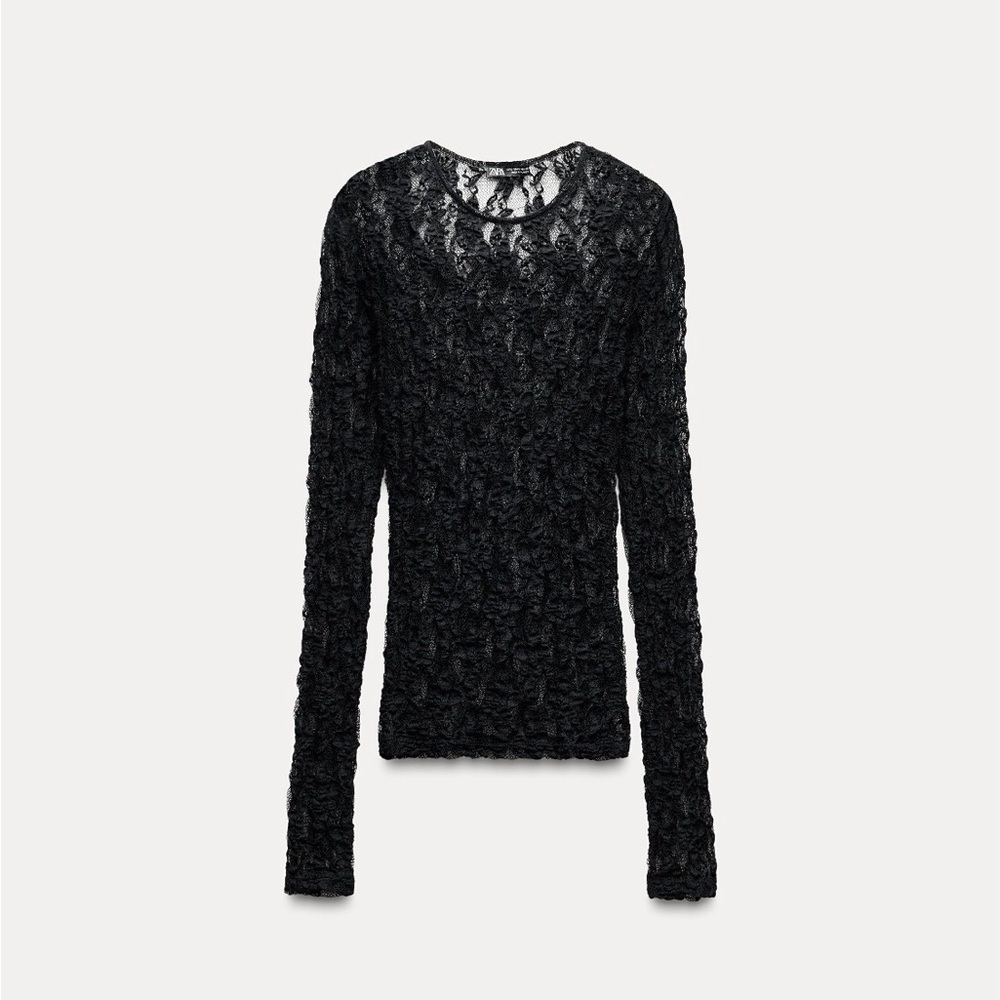 Zara Women’s Black Lace Long Sleeve Semi Sheer Top, Sz S
